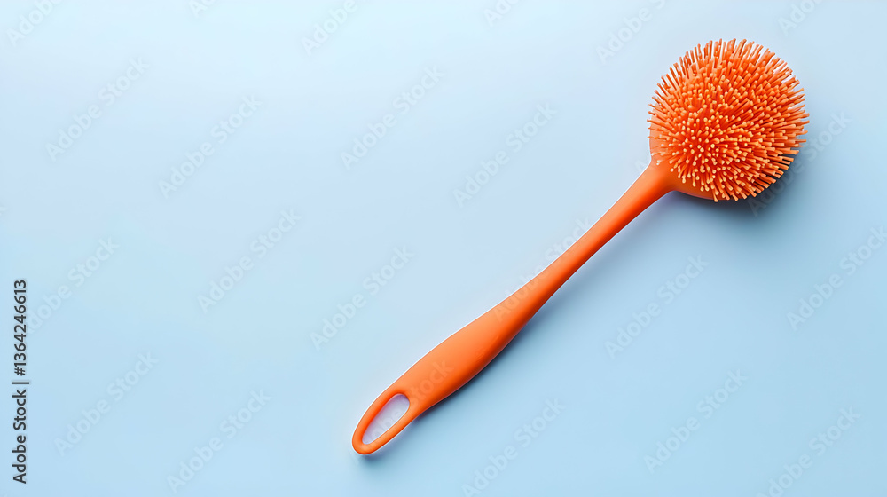 Orange Cleaning Brush On Light Blue Background Orange Cleaning Brush On Light Blue Background