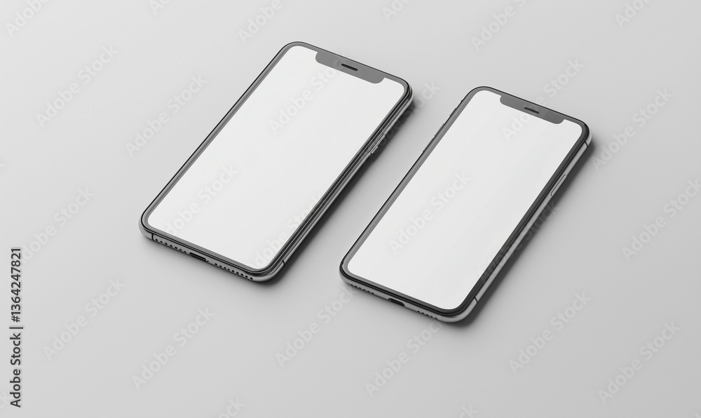 Two Frameless Mobile Phones Lying on a Flat Gray Surface, Close Up, Modern Style Two Frameless Mobile Phones Lying on a Flat Gray Surface, Close Up, Modern Style