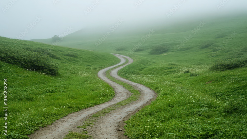 Winding Dirt Road Through Lush Green Foggy Hills Winding Dirt Road Through Lush Green Foggy Hills