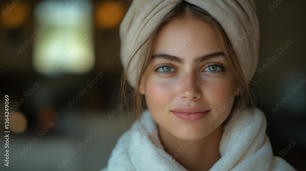 Young woman smiling with a towel on her head in a cozy home setting Young woman smiling with a towel on her head in a cozy home setting