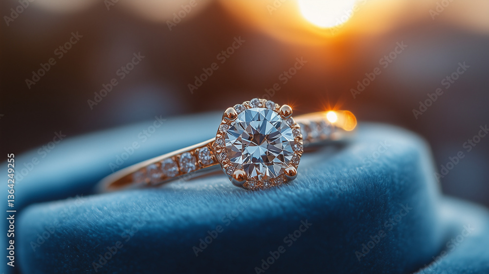 Fototapeta premium Elegant diamond ring showcasing brilliance against sunset background 