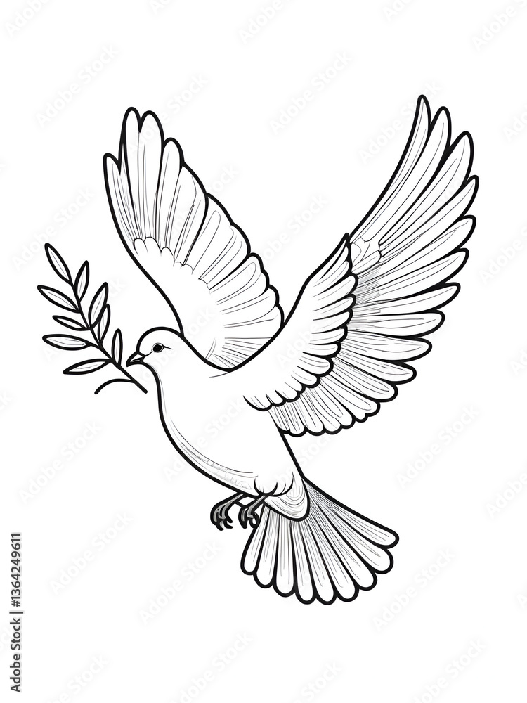 Obraz premium One continuous line drawing of dove of peace flying with olive twig. Bird and branch symbol of peace and freedom in simple linear style. Pigeon icon. Doodle vector illustration