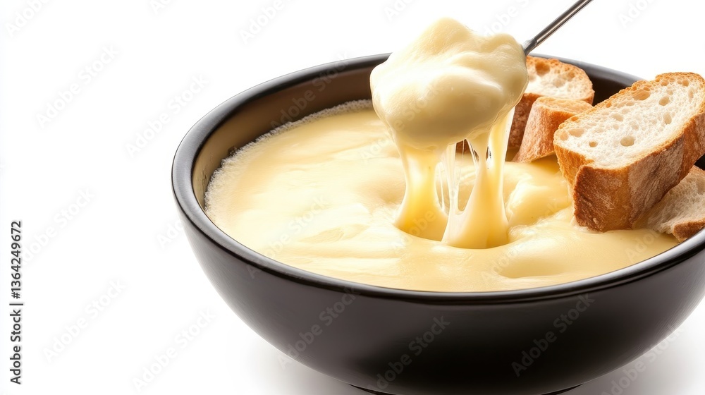 A bowl of melted cheese with bread for dipping and eating A bowl of melted cheese with bread for dipping and eating