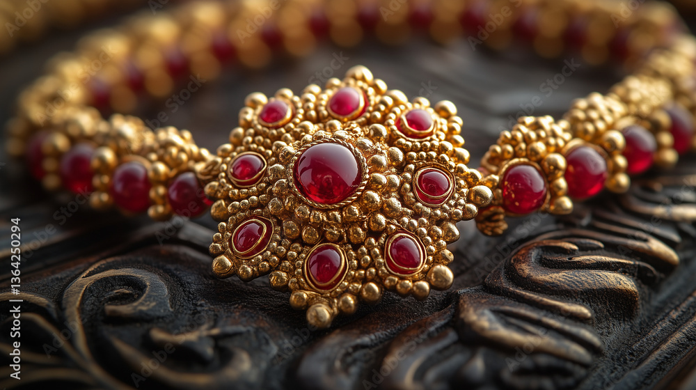 Obraz premium Vintage gold bracelet with red gemstones on ornate background 