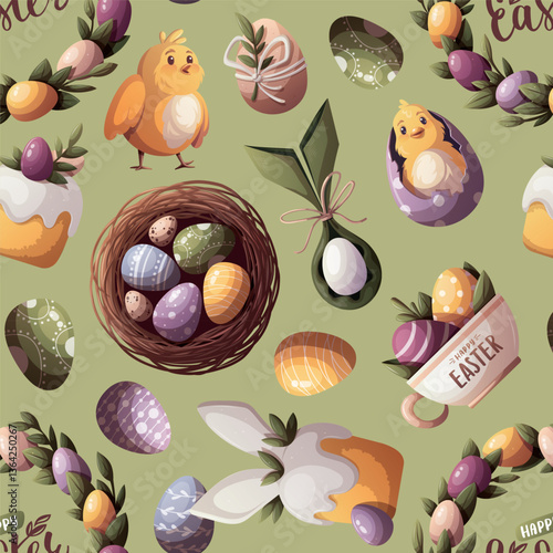 Easter seamless pattern with bird's nest, decorated easter eggs, chickens, Easter cakes. Vector illustration for scrapbooking, background, wrapping paper.