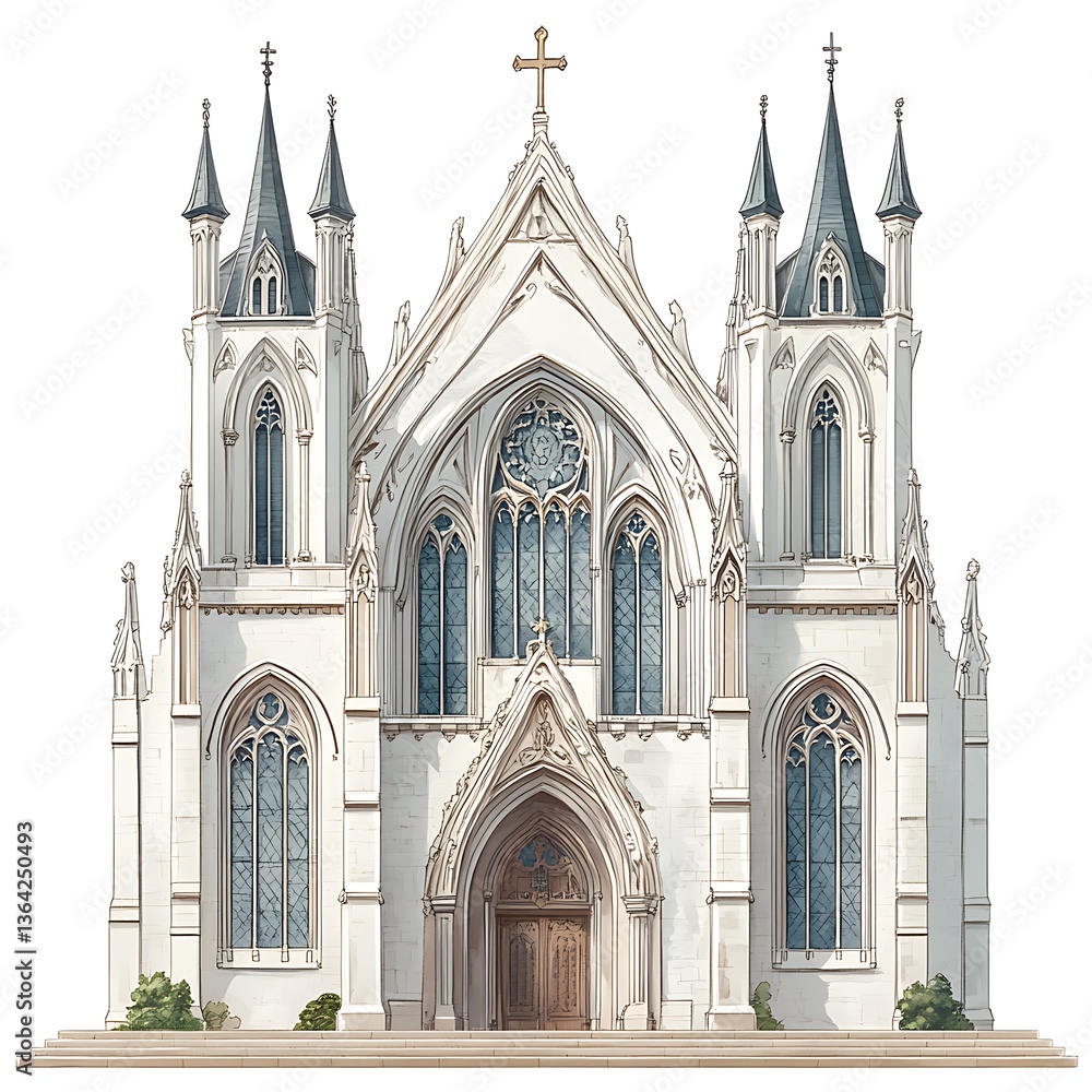 Fototapeta premium Elegant Gothic Church Facade Architectural Illustration of a Grand Religious Building.