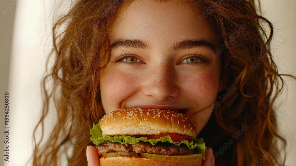 A woman is holding a hamburger and smiling A woman is holding a hamburger and smiling