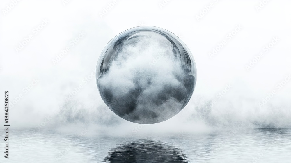 Fototapeta premium A transparent orb reflecting clouds above mirrored water surface