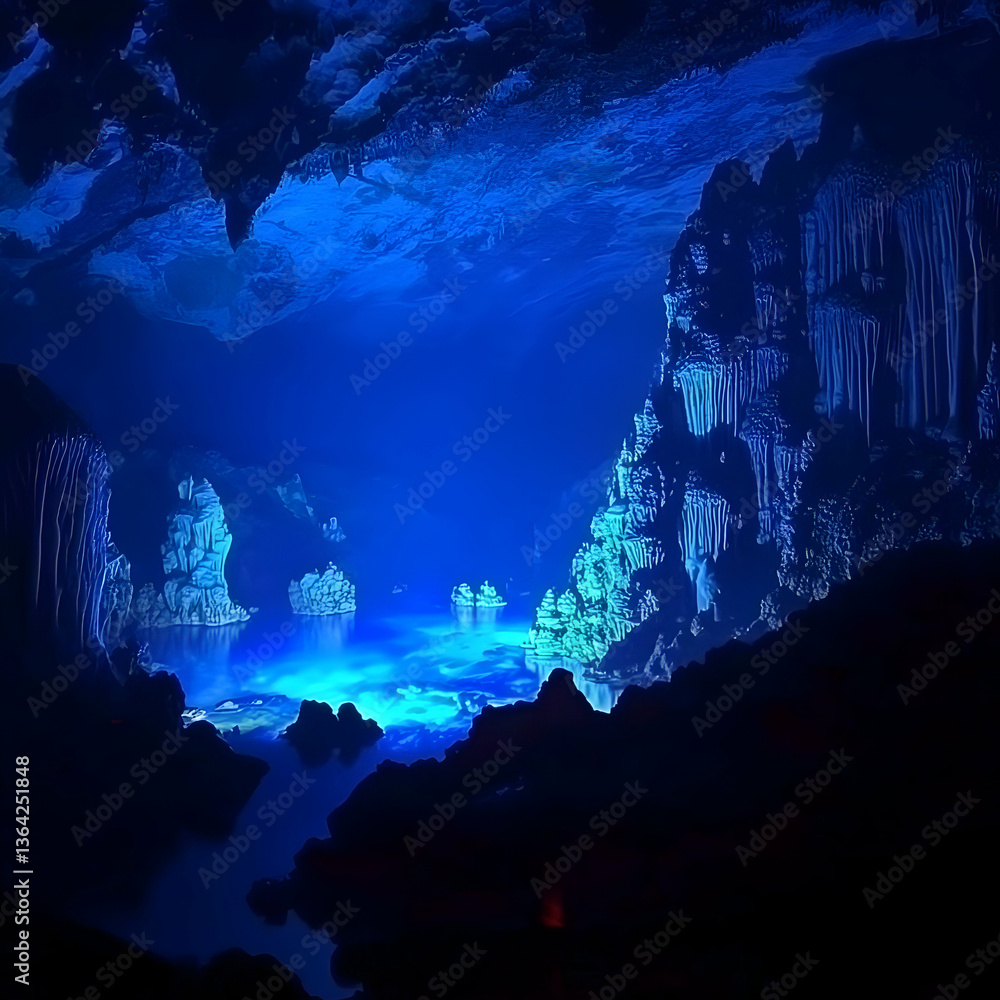 Obraz premium Underground blue cave lake, glowing water, stalactites, dark background, fantasy artwork, ideal for fantasy game backgrounds