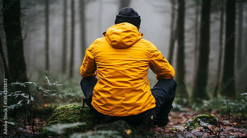 Man in yellow jacket sits in foggy forest. Man in yellow jacket sits in foggy forest.