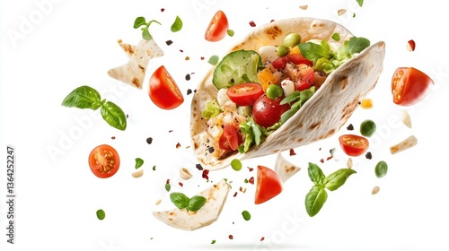 A floating and exploding presentation of delicious taco ingredients