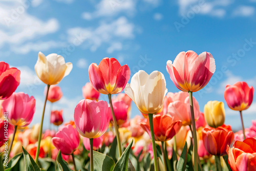 A vibrant tulip field in full bloom stretches under a bright blue sky, radiating the joy of spring