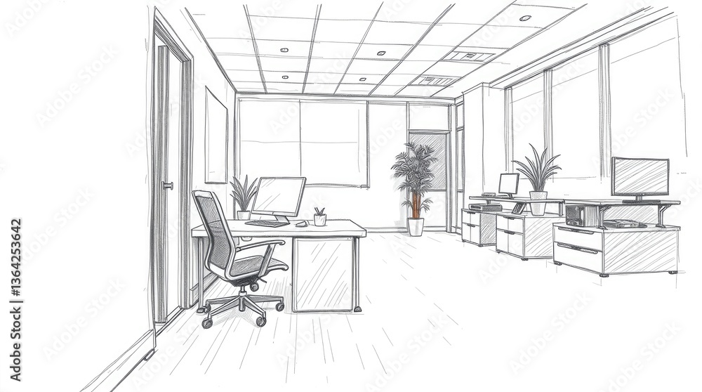 Office space rendering shows workstations desks and natural light Office space rendering shows workstations desks and natural light