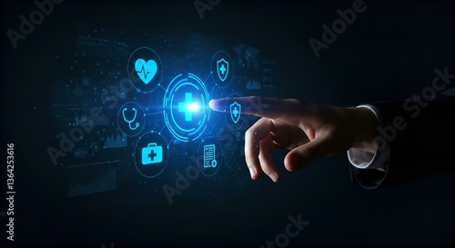 Digital Health Technology: Man Touching Glowing Medical Interface with Heart, Stethoscope, and First Aid Kit Icons on Dark Background