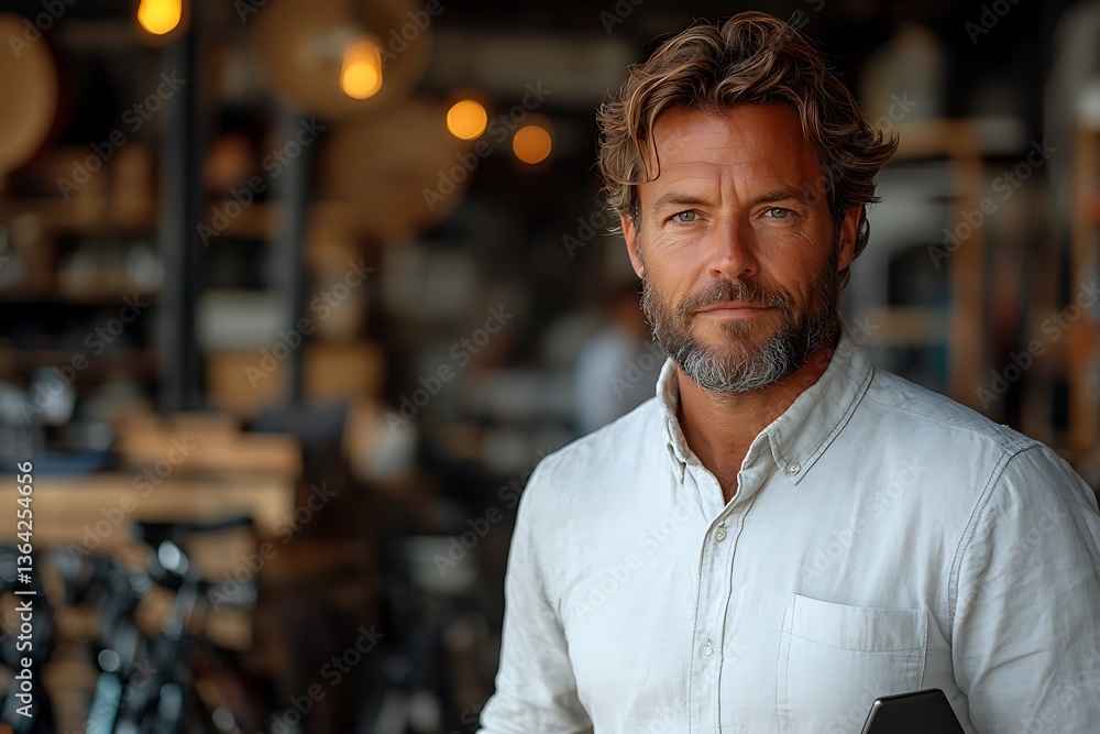 Fototapeta premium Confident man with beard standing inside a building smiling