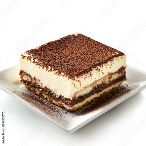 Rich slice of classic tiramisu layered with mascarpone cream and cocoa powder, served on plate