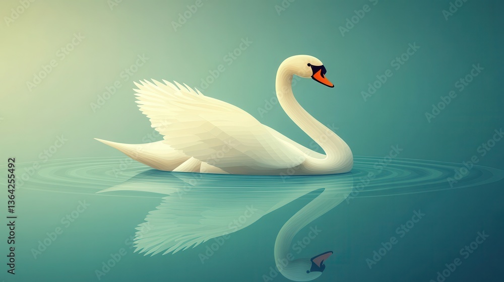 Fototapeta premium Elegant White Swan Swimming Calm Lake Water. (1)