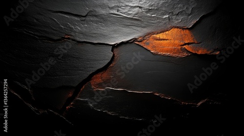 Dark, textured stone surface with warm light highlighting cracks