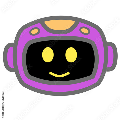A vector illustration featuring a friendly robot head with a smiling face, rendered in a cute and cartoonish style, symbolizing friendly AI or chatbot