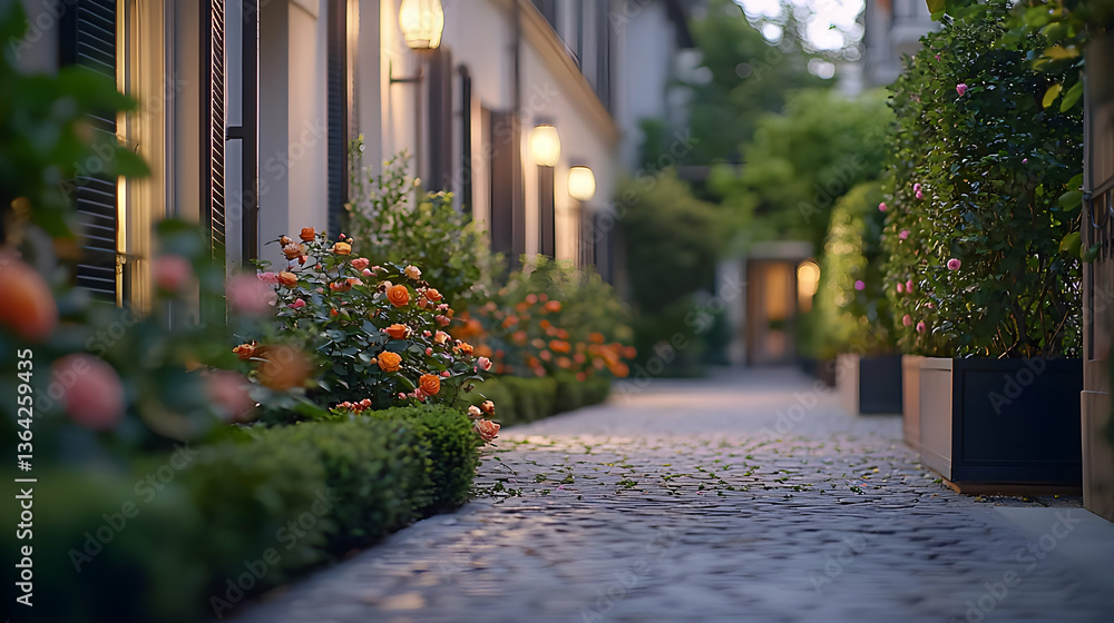 Fototapeta premium Charming Pathway Lined With Orange Blooming Flowers Green Hedges And Evening Lights Illuminating European Architecture