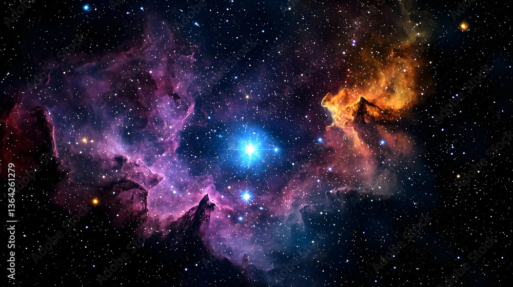 Obraz premium Vibrant Nebula With Starfield On Black Background Showing Purple Blue And Orange Colors In Space