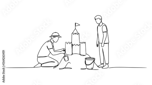Sandcastle Building Pose Line Art: Capture Beach Fun with Minimalist Lines