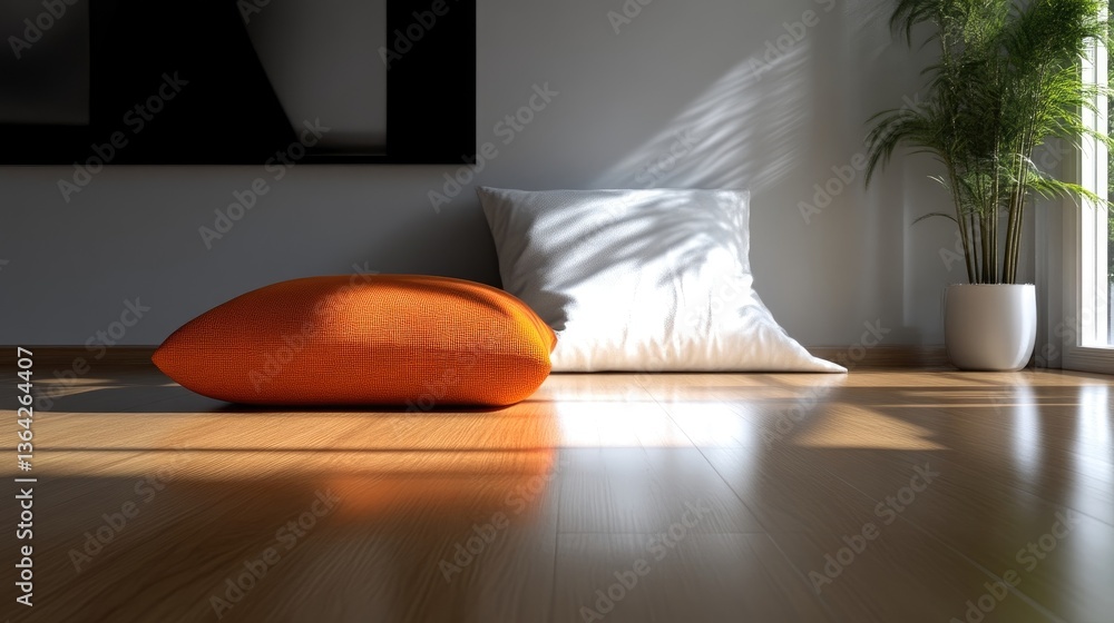 Fototapeta premium Sunlight streams into a modern room, highlighting two simple pillows on a light hardwood floor. A plant sits beside a large window