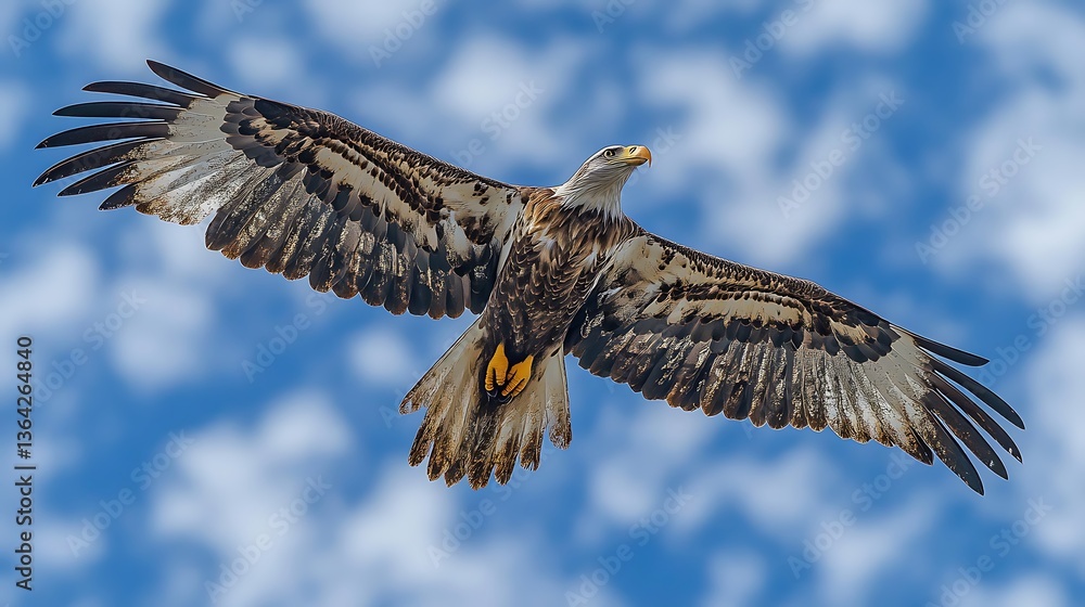 Fototapeta premium Juvenile bald eagle in flight against a cloudy sky.