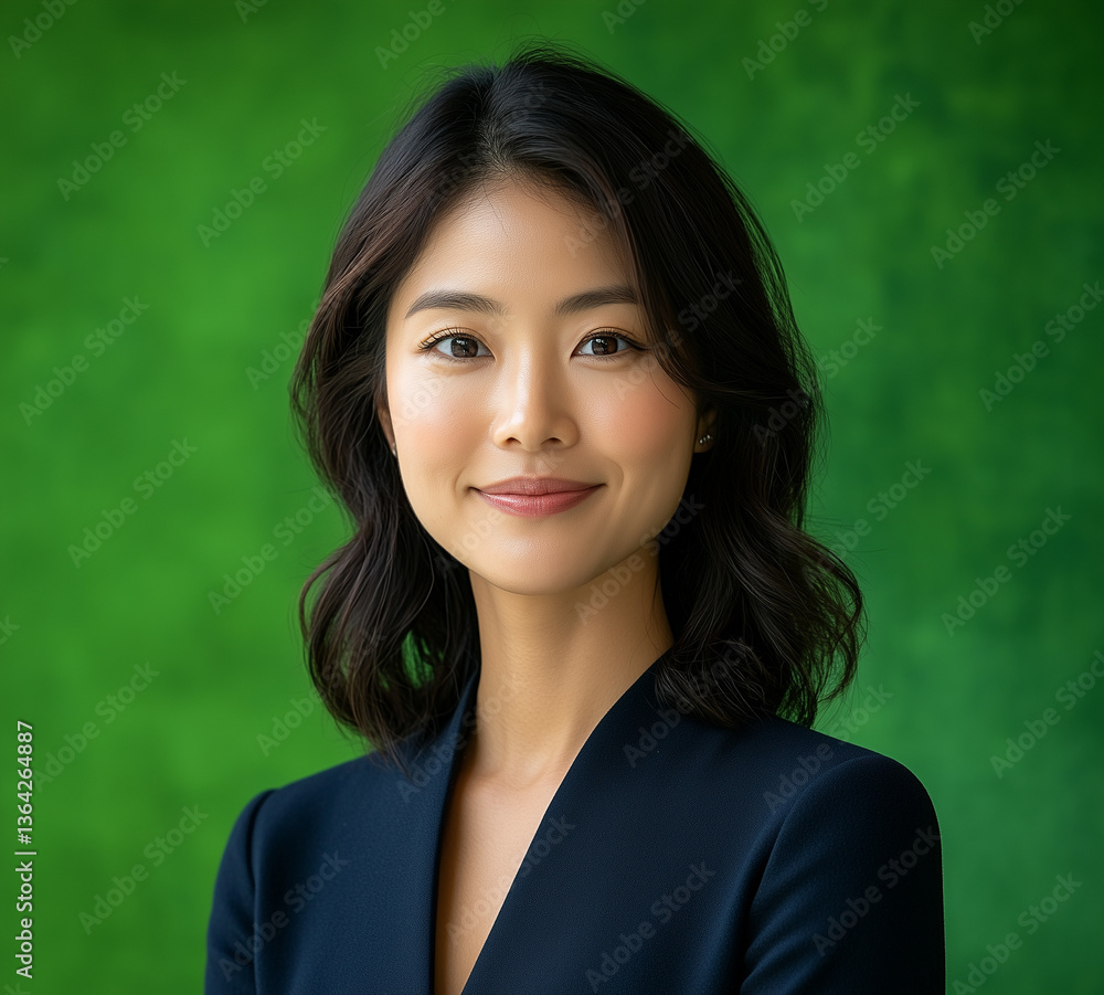 Asian woman portrait, black hair, wearing navy blue suit, green blurred background Asian woman portrait, black hair, wearing navy blue suit, green blurred background