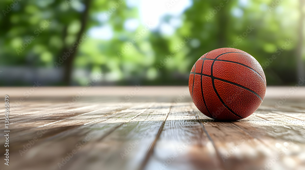 Close Up Of An Orange Basketball On A Wooden Floor With A Green Blurred Background During Daylight Close Up Of An Orange Basketball On A Wooden Floor With A Green Blurred Background During Daylight