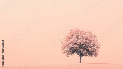Blossoming tree in soft pink hues, delicate petals contrasting against a muted background, serene nature theme with copy space.