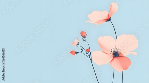 Delicate pastel flowers on a soft blue background, gentle and calming aesthetic, perfect for wellness or nature themes.