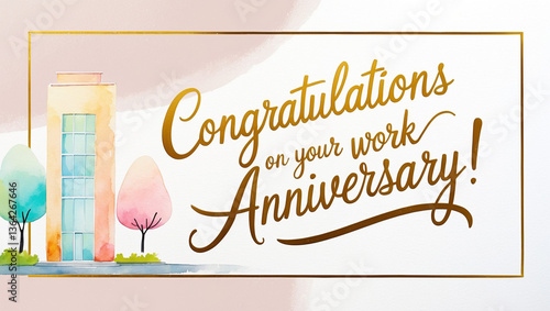 Anniversary Congratulations card with a watercolor office building on the left, against a golden cursive handwritten script Congratulations on your work anniversary on creamy background