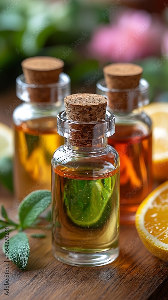Essential oil bottles with corks and natural elements around them Essential oil bottles with corks and natural elements around them