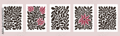 Contemporary Matisse inspired art background vector. Abstract botanical hand drawn posters design with flowers, leaves and branches. Simple modern style illustrated design for print, cover and card.