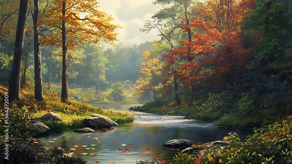 Fototapeta premium Autumn River with Forest Scene.