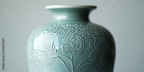 Light green ceramic vase with floral decoration standing on white background photo