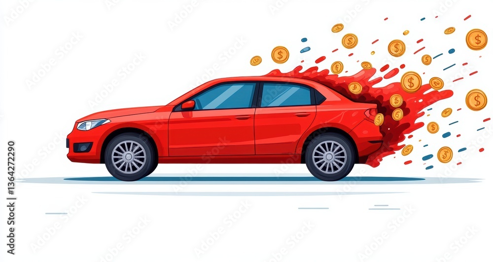 Naklejka premium Vibrant Red Sedan Speeding with Cookies Bursting from the Back in a Colorful and Playful Scene