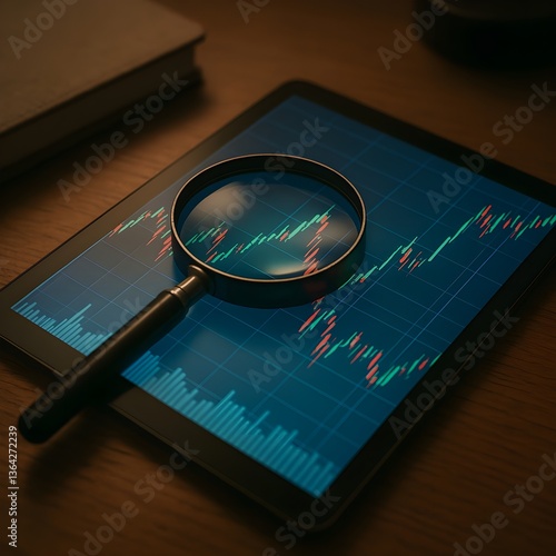 Lupa que examina un gráfico financiero digital en una tableta