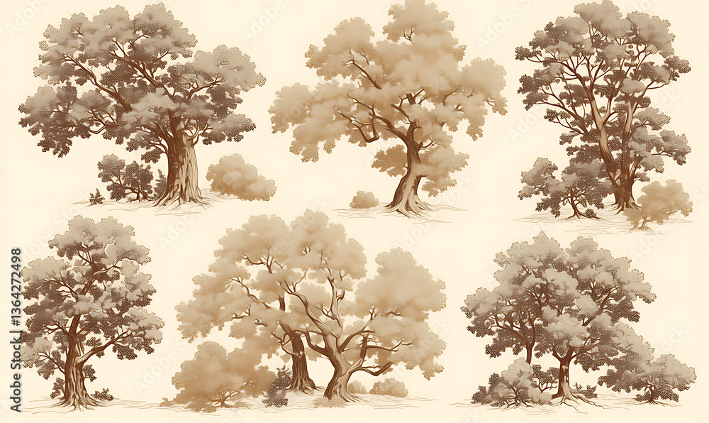 Fototapeta premium .Illustration of trees, leaves, grass and various botanical elements on a white background.