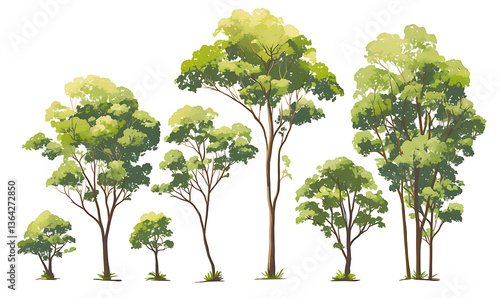 .Illustration of trees, leaves, grass and various botanical elements on a white background.