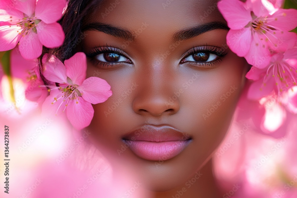 Spring mood, morning rays and fog. Commercial ad creative art. Attractive black young woman surrounded by cherry blossoms. Woman with spring flowers in vivid colors. Spring mood, morning rays and fog. Commercial ad creative art. Attractive black young woman surrounded by cherry blossoms. Woman with spring flowers in vivid colors.