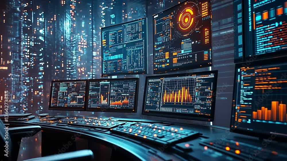 High-tech control room with multiple screens displaying data analytics and visualizations High-tech control room with multiple screens displaying data analytics and visualizations