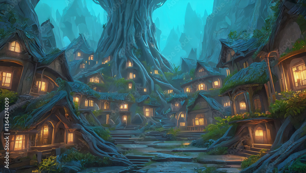 Obraz premium Enchanted Village: A captivating illustration of a quaint village nestled amongst towering trees, their roots intertwining with the charming dwellings below.