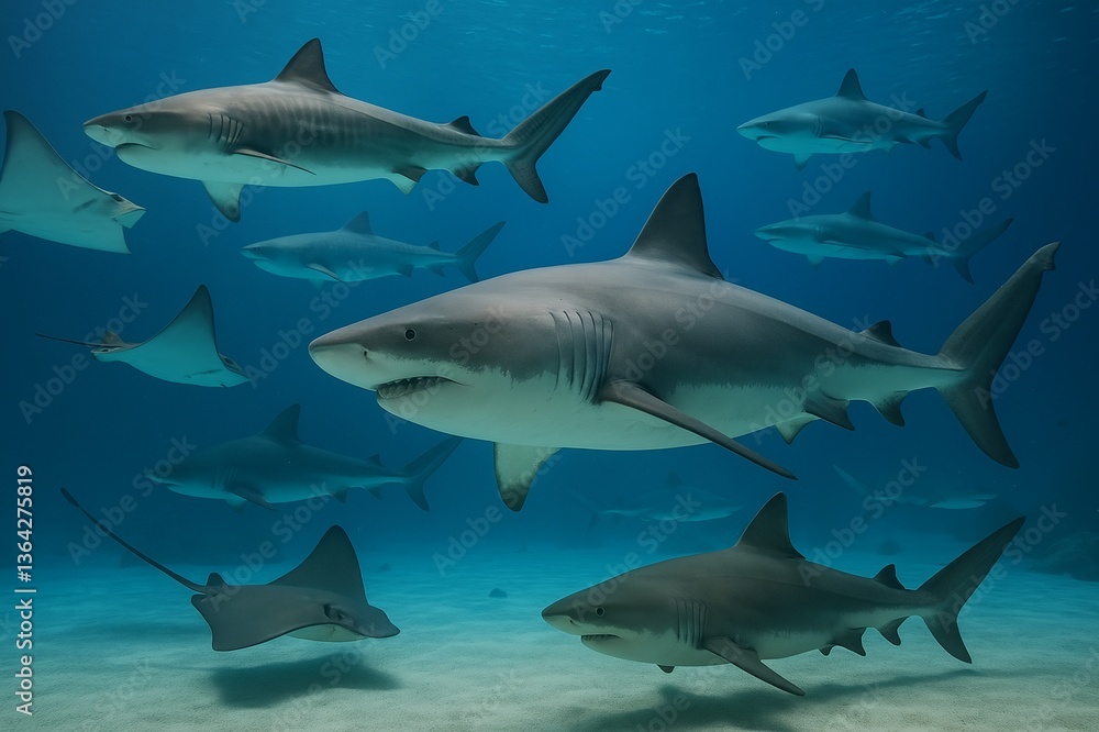Dynamic Underwater Scene Featuring a School of Sharks and Rays in a Vibrant Ocean Habitat Dynamic Underwater Scene Featuring a School of Sharks and Rays in a Vibrant Ocean Habitat