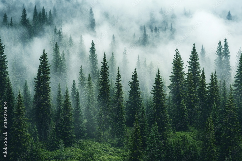 Misty Mountain Forest: An Aerial View of Lush Green Coniferous Trees Misty Mountain Forest: An Aerial View of Lush Green Coniferous Trees