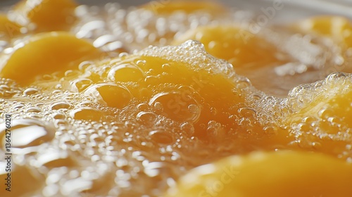 Close-up of simmering yellow fruit in water.