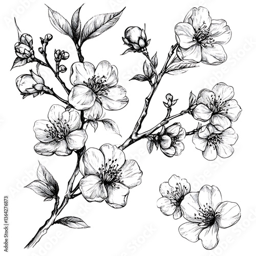 illustrations of various trees, leaves, grasses, and botanical elements on white background.