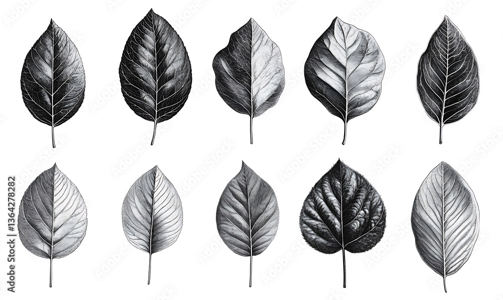 Obraz premium illustrations of various trees, leaves, grasses, and botanical elements on white background.