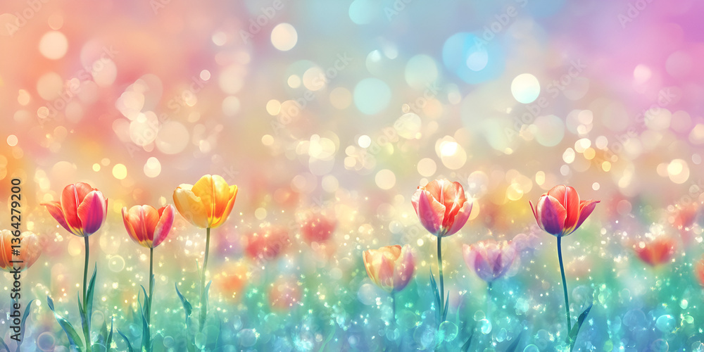 Obraz premium Glowing Tulip Field at Golden Sunrise with Sparkling Bokeh